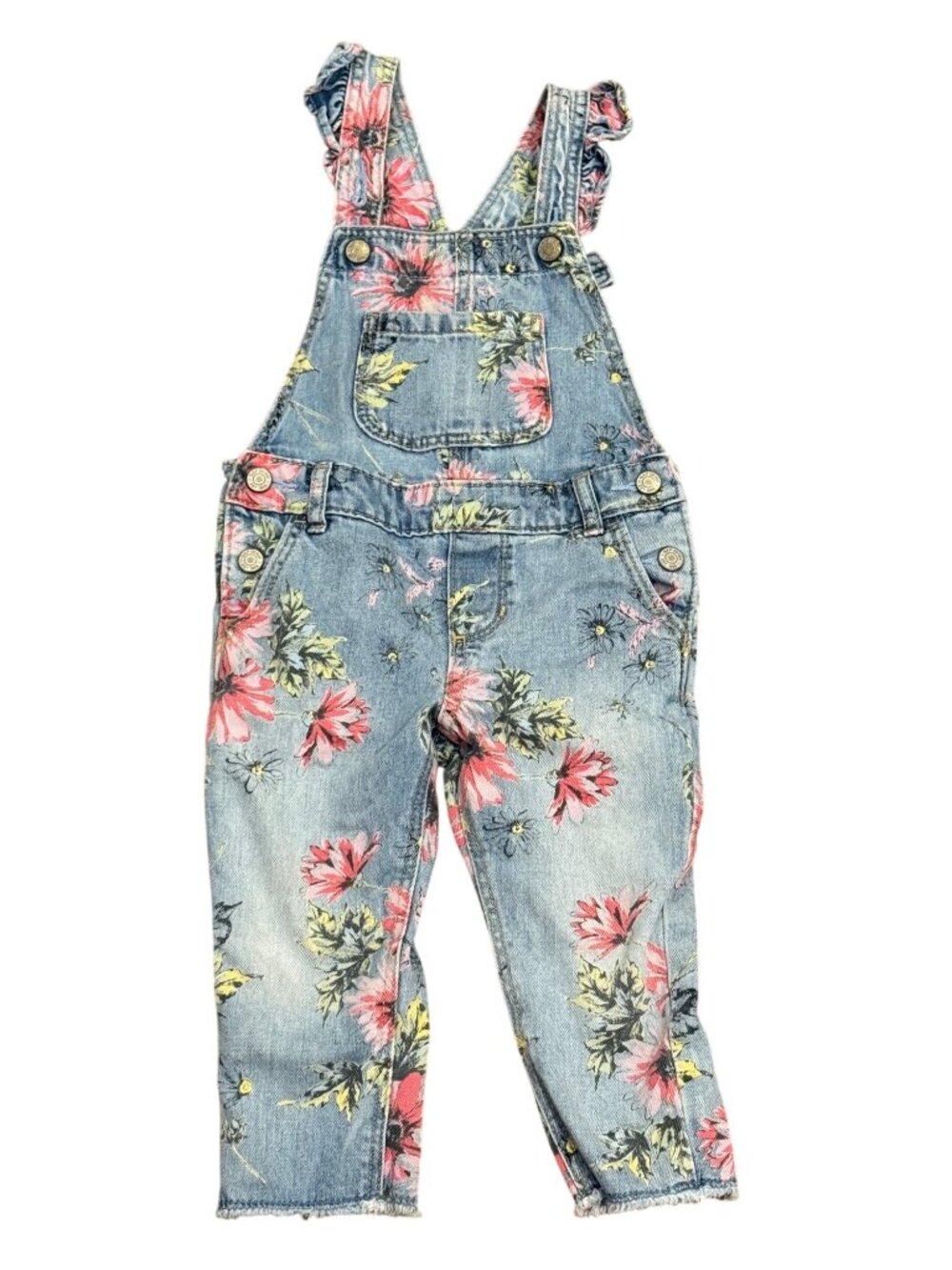 Gap Toddler Floral Denim Overalls 2T With Ruffle Straps